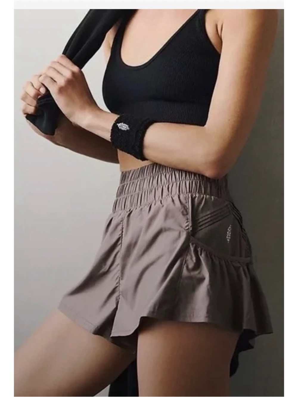 High-Waist Taupe Ruffle Active Shorts